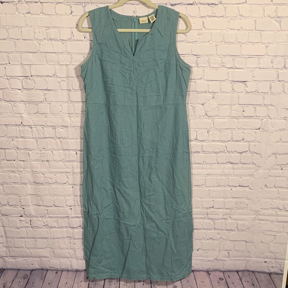 L.L.Bean Womens Linen Blend Overall Dress Jumper Blue Size 12P Mature Maxi Light